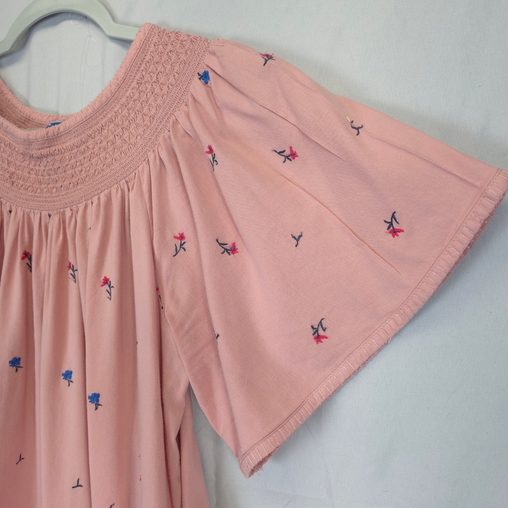 Old Navy Pink Embroidered Floral Smocked Dress Flutter Sleeve Casual L Tall - Picture 6 of 10